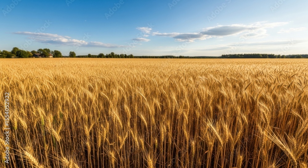 Obraz premium Golden wheat field under a clear blue sky with fluffy clouds and a distant treeline