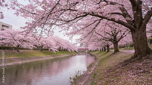 Serene cherry blossom trees lining a tranquil riverbank scene