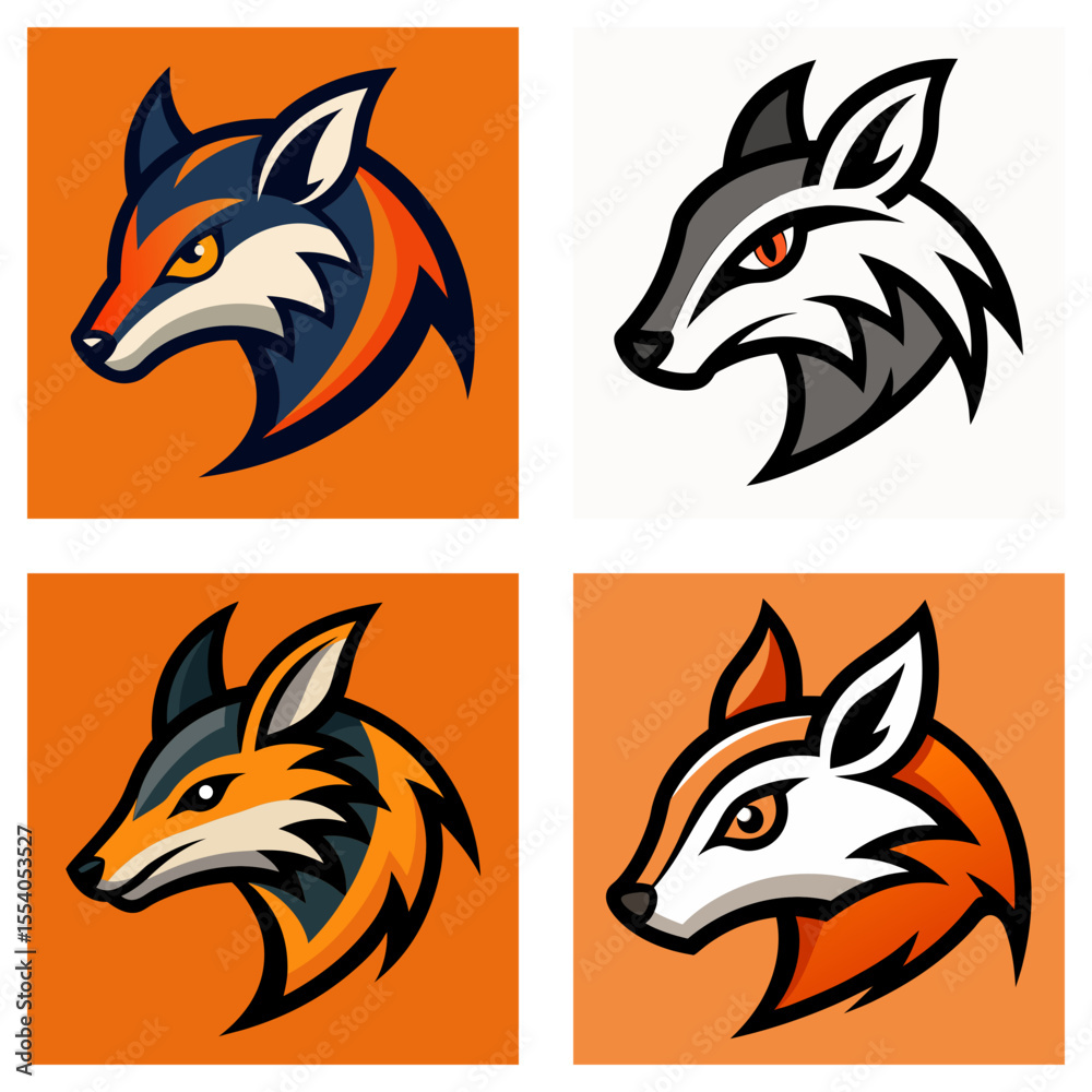 Fototapeta premium Four fox head logos in different color schemes on orange backgrounds in a square format design