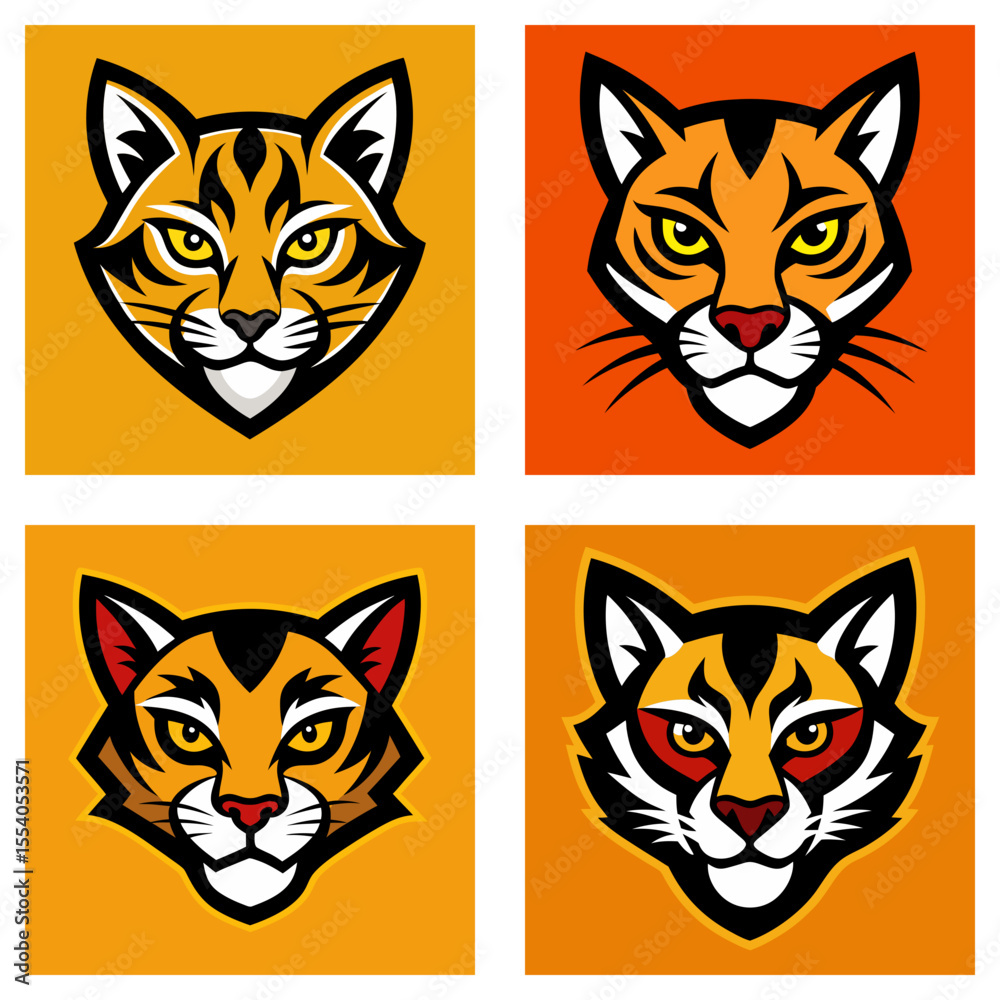 Fototapeta premium Four square images showing stylized bobcat heads with varying color palettes and background shades