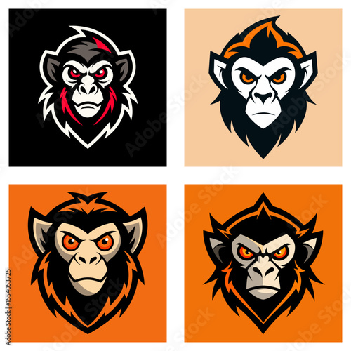 Four monkey mascot heads with different color schemes and aggressive expressions in a square format