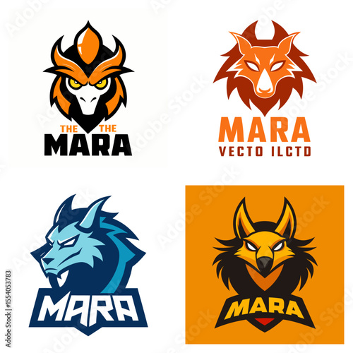 Collection of four mara team logos featuring an owl, fox, wolf, and jackal mascot in various colors