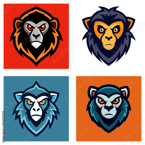 Collection of four stylized animal head logos with varied color schemes and fierce expressions shown