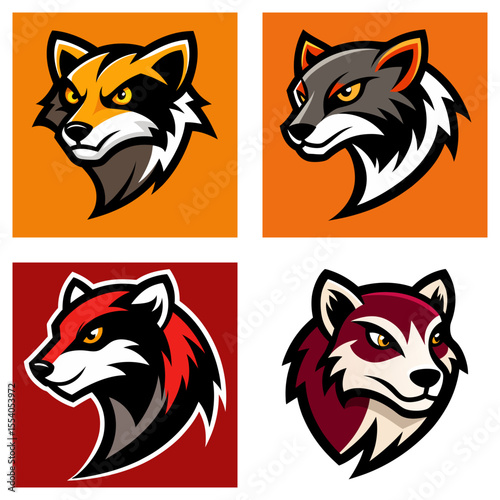 Four stylized animal head illustrations in different colors on square backgrounds arranged in a grid