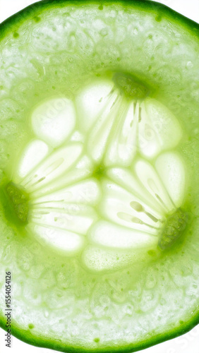 Macro close-up of a sliced fresh Cucumber, viewed from above. Bright juicy texture with high contrast, vivid colors and organic patterns.