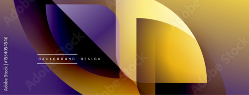 Abstract geometric shapes overlap. Purple, gold hues create dynamic visual effect. Modern design element for backgrounds.