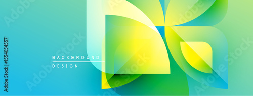 Abstract geometric shapes overlap, creating vibrant gradient effect. Blue transitions to yellow, green hues dominate composition. Modern design element.