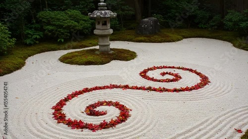 Serene Japanese Zen Garden with Spiral Patterns and Lantern