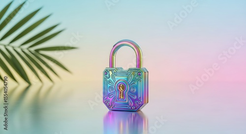 Iridescent Padlock with Palm Leaf: Security, Privacy, and Digital Protection.