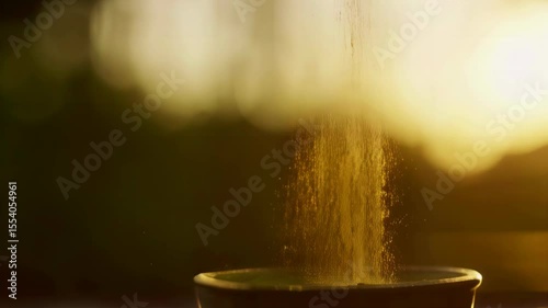 Golden particles rising from a pot against a soft sunset background, creating a warm and tranquil atmosphere