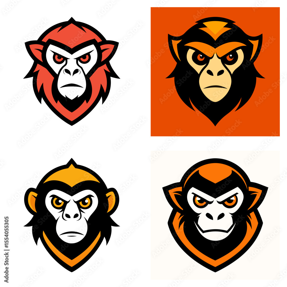 Four monkey head logos in different colors with angry expressions and stylized designs displayed
