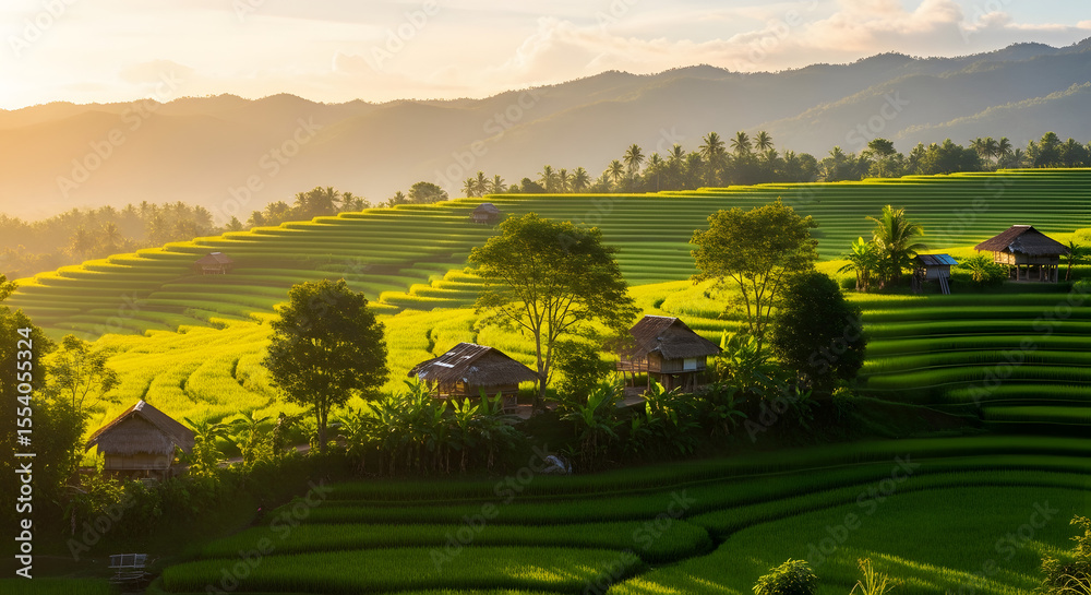 Obraz premium Scenic Landscape of Lush Green Terraced Rice Fields at Sunset