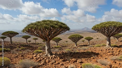 Serene landscape of dragon blood trees under a bright sky