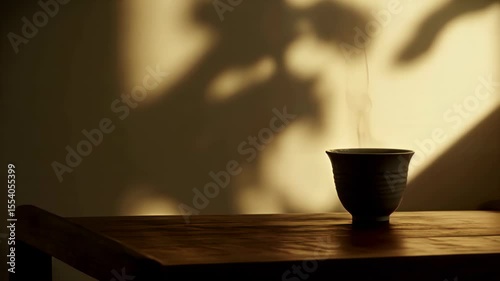 Still life of a steaming bowl on a wooden table casting intricate shadows on a wall