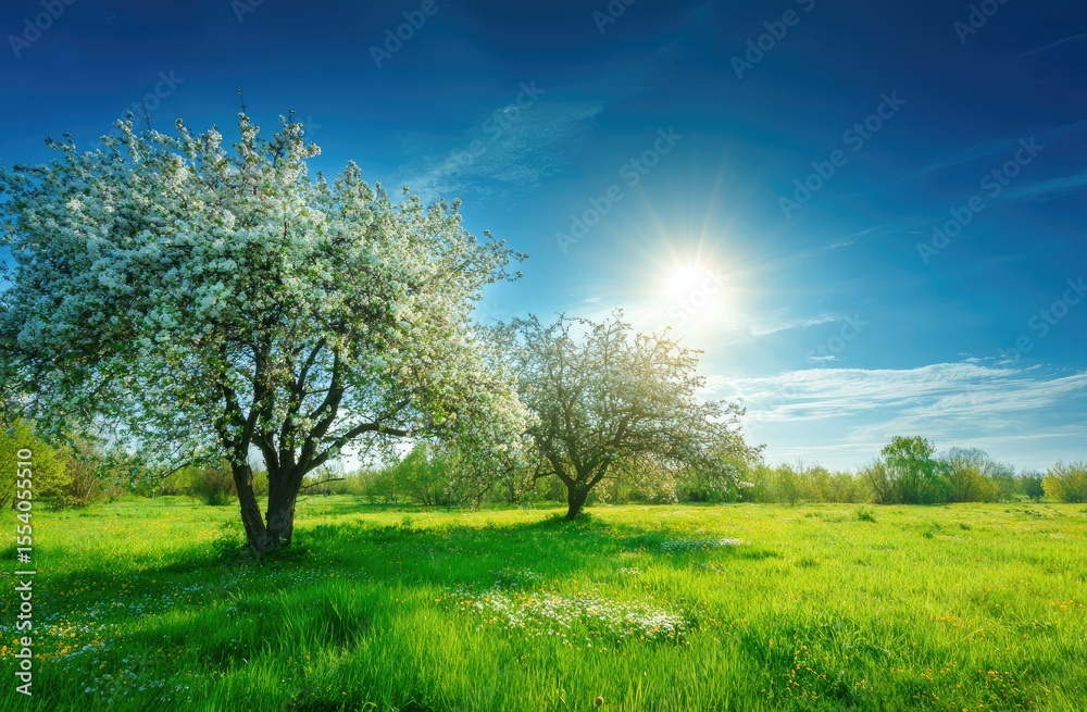 Obraz premium Sunny spring meadow with two blooming trees