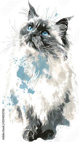 A stylized watercolor illustration of a cat with blue eyes looking upward rendered in shades of white gray and blue