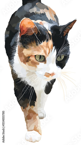 A calico cat with green eyes walks towards the viewer