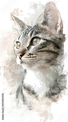 A watercolorstyle cat portrait with a detailed face looking to the left