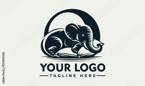 A stylized illustration depicting an elephant resting within a circular frame, with text below.