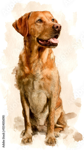 Brown labrador dog sitting watercolor style looking right