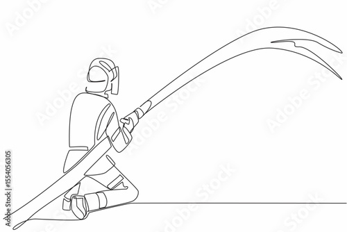 Continuous one line drawing firefighter squats while holding a fire hose that sprays water. Pouring water on the hot part. International Firefighters Day. Single line draw design vector illustration