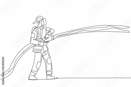 Continuous one line drawing firefighter standing holding a fire hose that sprays water. Focus on work. Prevent the spread. International Firefighters Day. Single line draw design vector illustration
