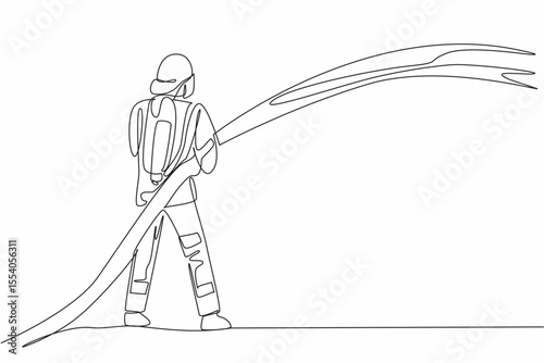 Single one line drawing firefighter standing holding a fire hose that sprays water. Extinguish the source of fire. Fighter. International Firefighters Day. Continuous line design graphic illustration