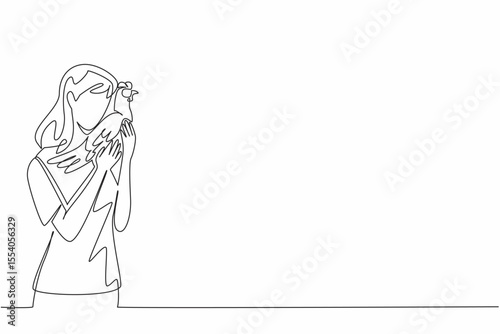 Single one line drawing a woman hugging a hen. It is the laying season. Waiting with affection. Poultry. Together. International Respect for Chickens Day. Continuous line design graphic illustration