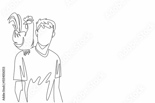 Single continuous line drawing rooster perched on shoulder of man in casual clothes. The proud chicken that always praised. International Respect for Chickens Day. One line design vector illustration