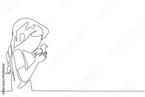 Single one line drawing girl kisses head of chick. Play all day with the pet. Inviting to joke. Adorable fluffy fur. International Respect for Chickens Day. Continuous line design graphic illustration