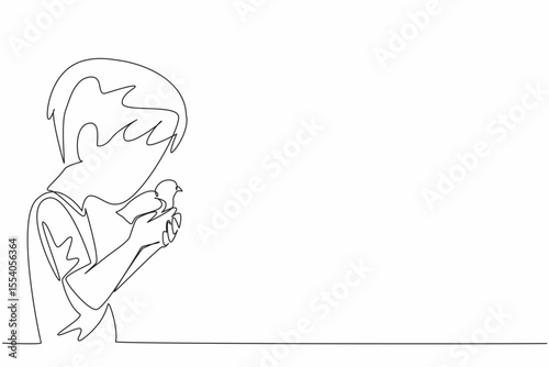 Single continuous line drawing boy kisses head of chick. First pet. Kept for breeding. Routinely given the best protein. International Respect for Chickens Day. One line design vector illustration