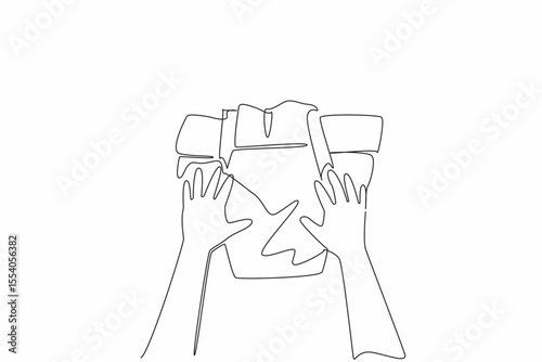 Single one line drawing hands of baby holding the diaper with both hands. Diaper pants. Easier to remove and put on. Hygiene. Kids In Need Of Diapers Day. Continuous line design graphic illustration