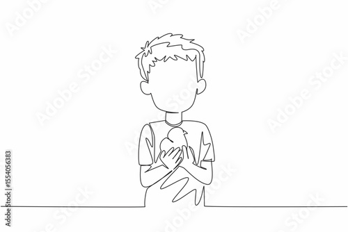 Single continuous line drawing boy holding chick with both hands. Newly hatched chicks. Carried with great care. Protection. International Respect for Chickens Day. One line design vector illustration