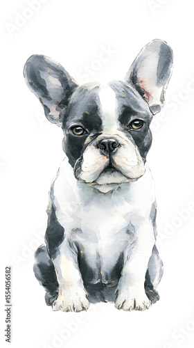 Watercolor French bulldog black white erect ears front view sitting