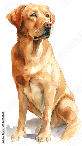 Watercolor painting of a golden Labrador Retriever sitting upright gazing to the side
