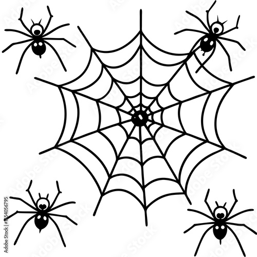 Four spiders and a web illustration for halloween decorations and designs