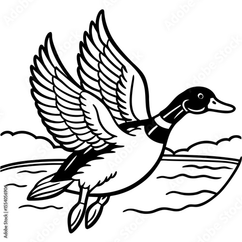 Stylized black and white illustration of a mallard duck flying over water
