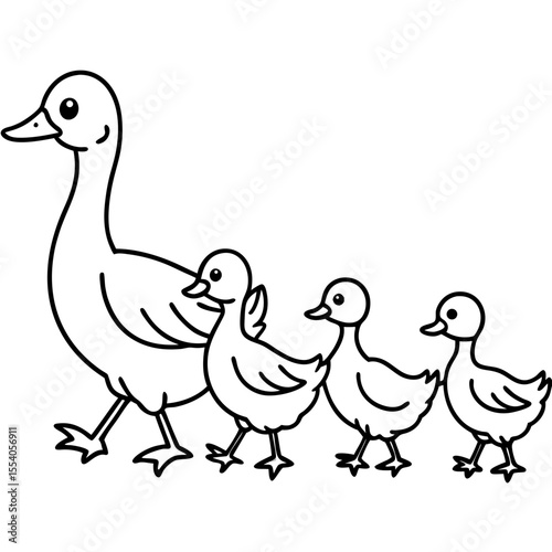 Cute cartoon mother duck and three ducklings walking in a line
