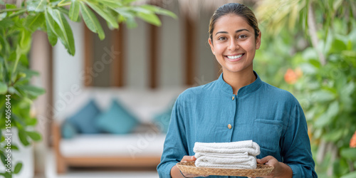 A smiling woman in a blue uniform holds a tray with towels and a bowl, standing outdoors near lush greenery and a cozy, blurred lounge area.