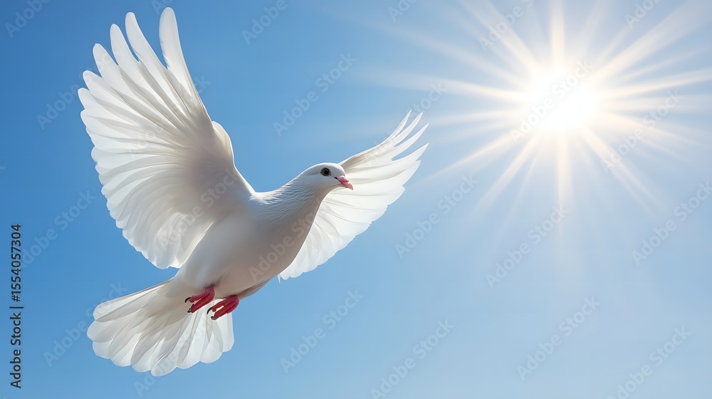 Fototapeta premium White Dove in Flight Under Bright Blue Sky and Shining Sunlight