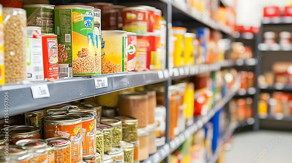 Fototapeta premium Colorful Shelves of Various Food Products and Canned Goods in Grocery Store Aisle