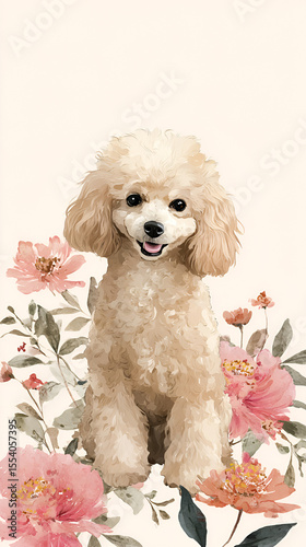 Watercolor poodle dog front view floral background