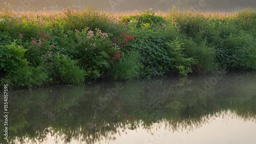 Serene riverbank adorned with vibrant wildflowers at dawn