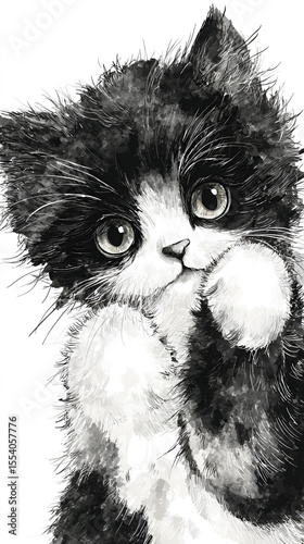 A black and white sketch of a kitten with wide eyes and fluffy paws