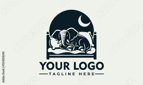 An elephant sleeps peacefully in a bed under the moon in this logo design.