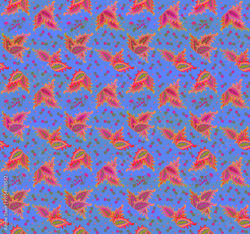Delightful seamless floral pattern with fabulous coleus leaves, tiny flowers and berries on iridescent lidht blue background. Beautiful boho print for fabric. Indian motifs.