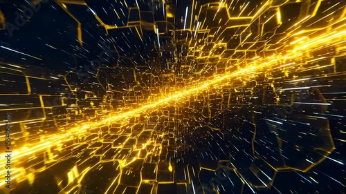 Abstract Golden Grid Digital Tunnel Landscape in Dark Background