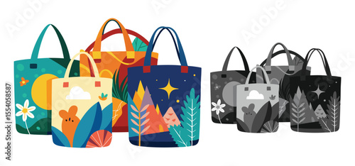 A collection of colorful tote bags illustrated with nature themes perfect for shopping or carrying personal items.