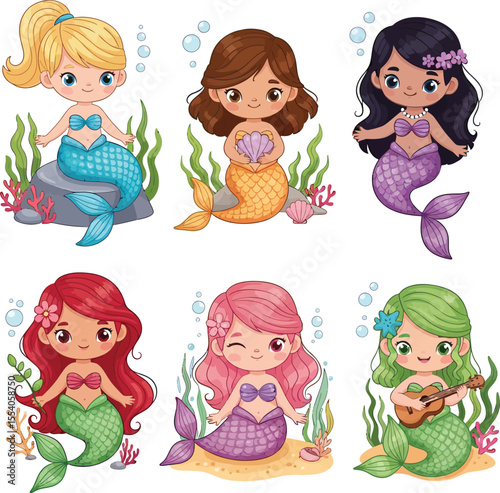 Adorable Collection of Diverse Cartoon Mermaids Under the Sea Vector