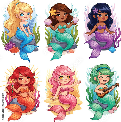 Adorable Collection of Diverse Cartoon Mermaids Under the Sea Vector